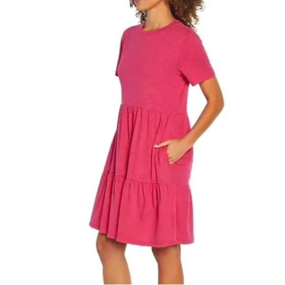 🏷️ Gap Short Sleeve Tiered Slub Cotton Jersey Dress Size XXL Beetroot Pink - Picture 1 of 3